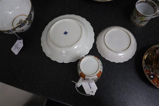 A Worcester scalloped plate and similar ribbed coffee cup and saucer, c.1770-90, D. 19 and 13.5cm